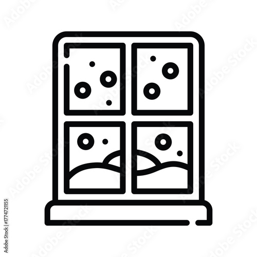 A black and white lineart illustration of a window divided into four panes Each pane contains circles and dots The bottom panes show a stylized landscape