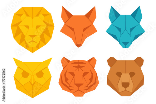 Geometric animal faces in vibrant colors featuring lion, fox, wolf, owl, tiger, bear
