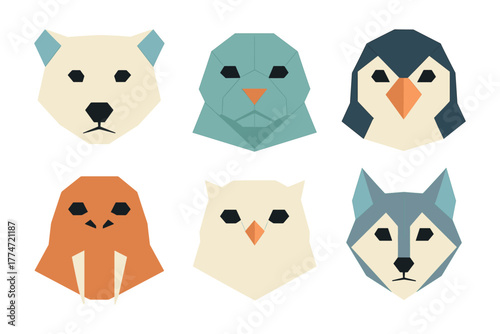 Geometric animal faces in flat style: polar bear, seal, penguin, walrus, owl, husky
