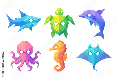 Geometric marine life collection featuring colorful low poly sea creatures