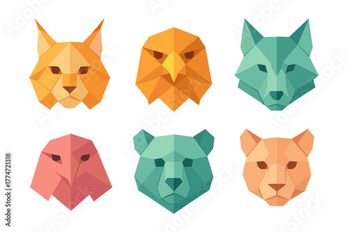 Geometric animal faces in vibrant low poly style