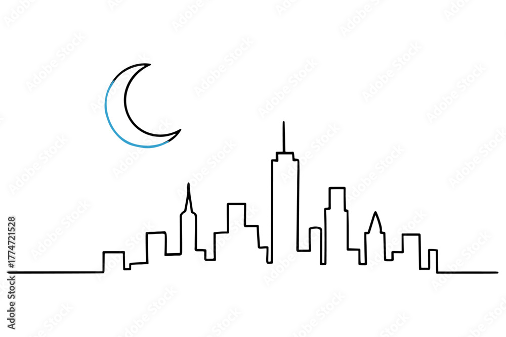 Obraz premium Minimalist skyline with crescent moon over cityscape