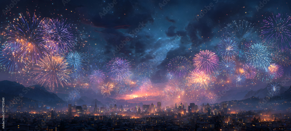 Fototapeta premium Silvester, New Year's Eve, Festival Party New Year 2026, new years eve Fireworks background banner panorama - firework and sparklers on rustic dark blue night sky texture