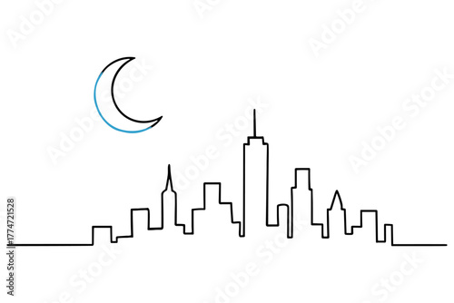 Minimalist skyline with crescent moon over cityscape