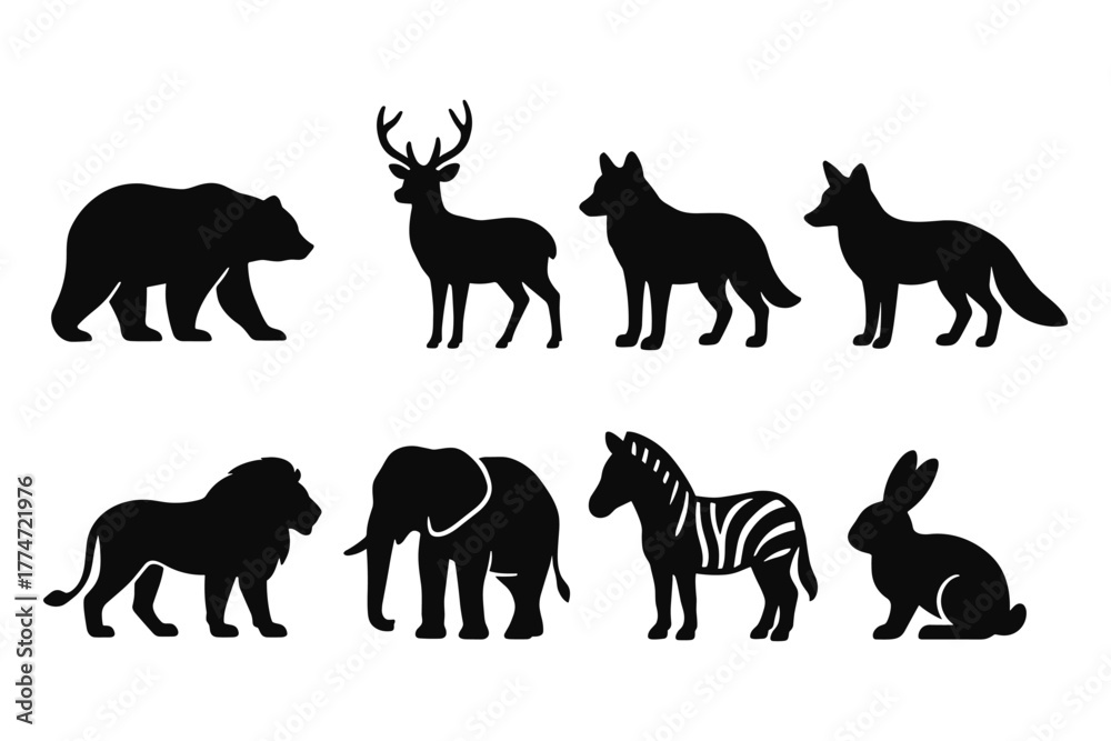 Fototapeta premium Wildlife silhouettes: bears, deer, wolves, foxes, lions, elephants, zebras, rabbits