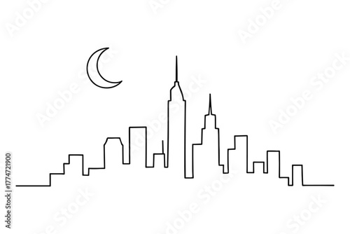 Nighttime cityscape with skyline silhouette and crescent moon