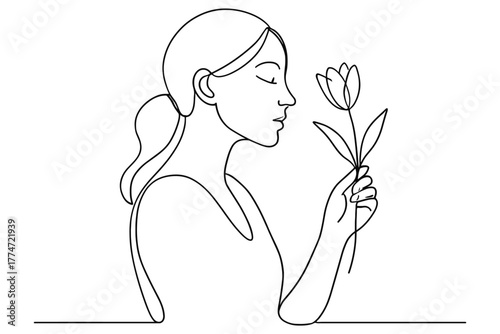 Minimalist line art of woman holding a flower in peaceful contemplation