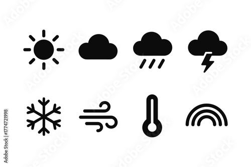 Weather icons collection: sun, cloud, rain, storm, snowflake, wind, thermometer, and rainbow