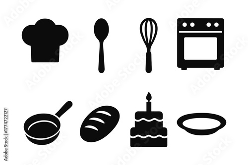 Kitchen tools and bakery icons: cooking essentials in silhouette style