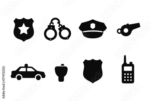 Essential police icons set: badge, handcuffs, cap, whistle, patrol car, siren, shield, radio