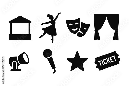 Silhouette icons of theater and performance elements in black