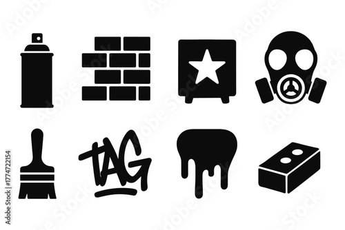 Urban graffiti icons set featuring spray paint, wall, and gas mask in silhouette style
