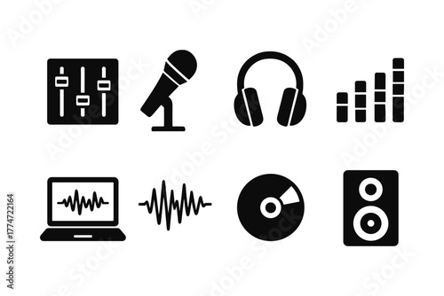 Audio equipment icons set: microphone, headphones, speakers, music waveforms