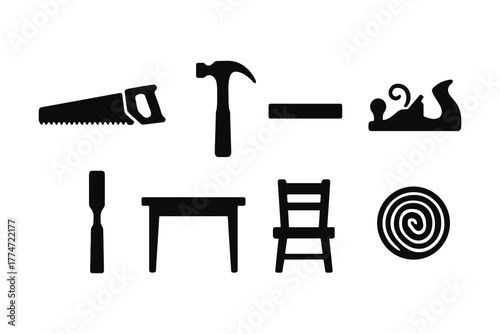 Silhouette icons of classic woodworking tools and furniture
