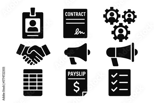 Business communication and management icons set: contract, teamwork, megaphone, and checklist