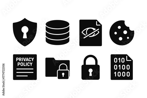 Data security icons set featuring privacy, lock, and shield symbols in flat design