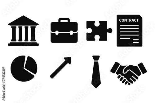 Business silhouette icons set featuring office, finance, and partnership elements