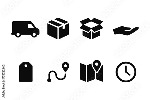 Black icons: delivery, packaging, and logistics symbols in silhouette style