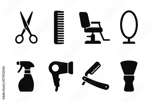 Barber icons set: scissors, comb, chair, mirror, spray, hair dryer, razor, brush