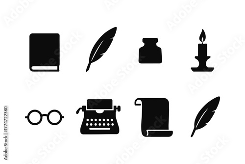 Silhouette icons of writing tools: book, quill, ink, candle, typewriter, scroll, glasses