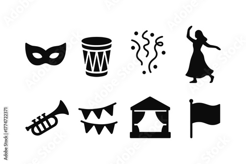 Carnival celebration icons: mask, drum, confetti, dancer, trumpet, flags, tent, party