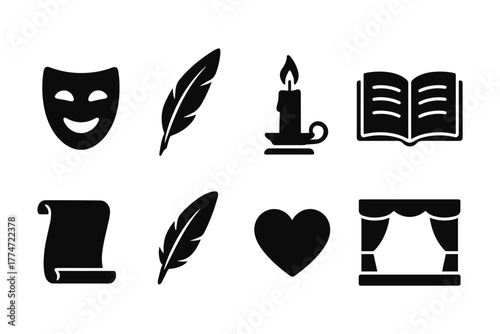 Vintage theater and writing icons: masks, quills, scroll, candle, book, heart, stage