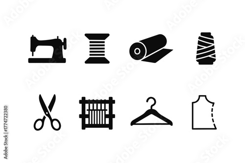 Sewing and tailoring icons set: tools and patterns for fashion design