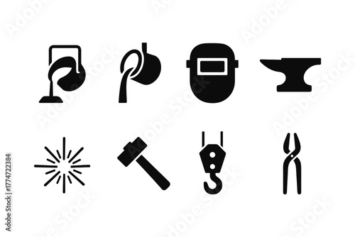 Silhouette icons set: metalworking and foundry equipment tools