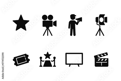 Cinema icons set: filmmaking, director, megaphone, and star symbol collection