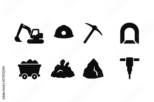 Silhouette mining icons: excavator, pickaxe, tunnel, rock, helmet, drill
