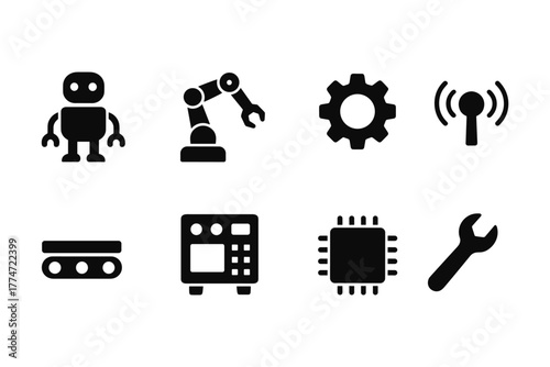 Industrial automation icons set featuring robot arm and tools