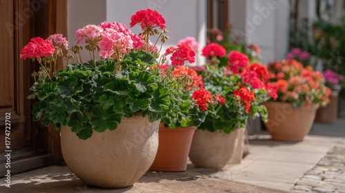 Wallpaper Mural Vibrant Geraniums in Terracotta Pots Adorning a Rustic Building Exterior, Creating a Welcoming Atmosphere Torontodigital.ca