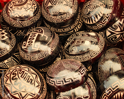 Indigenous bowls, handicrafts from the Brazilian Amazon, made from the fruit of the Cujite Crescentia, decorated with geoglyphs, for sale as souvenirs to tourists in the city of Belém, Pará, Brazil