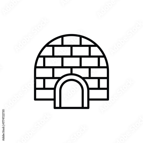A black outline of an igloo is centered on a white background The igloo features a curved top and rectangular block details