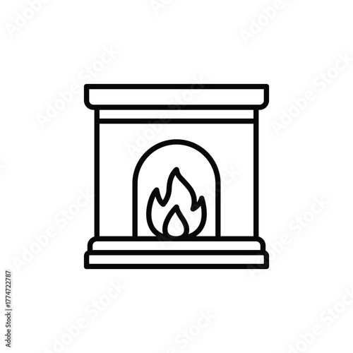 A black outlined icon of a fireplace with a fire burning inside It has a mantel and base