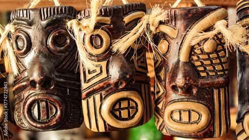 Indigenous crafts, baked clay masks, sold to tourists at the Ver o Peso fair, in the city of Belém, capital of Pará, northern Brazil