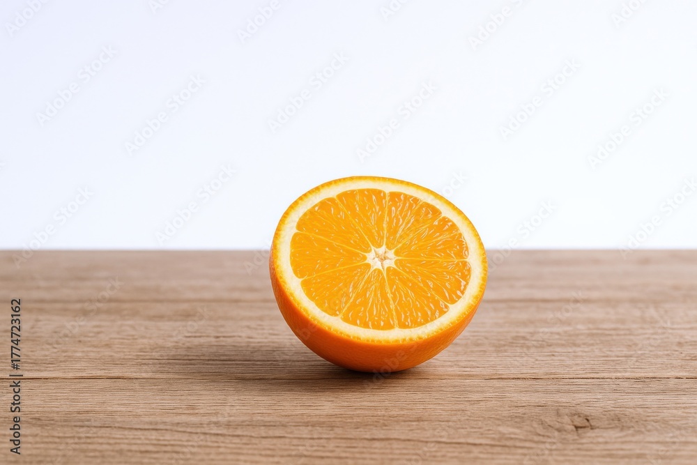 Naklejka premium Vibrant Orange Slice Displayed on Rustic Wooden Tabletop, Emphasizing Freshness and Natural Beauty