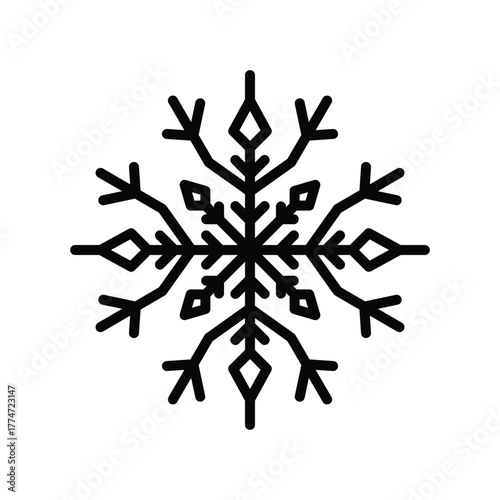 A black symmetrical snowflake icon It has six main branches each with detailed geometric designs and pointed edges