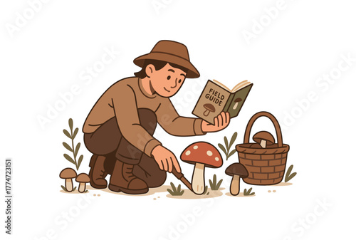 collecting wild mushrooms with field guide safe foraging practice and nature exploration flat vector illustration style isolated on white background
