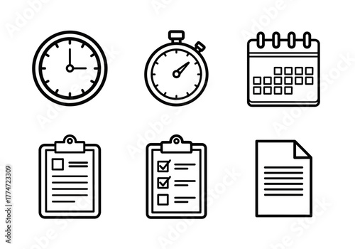Streamlined time management icons for business efficiency, productivity, and schedule planning in a modern, minimalist design originally created as a vector graphic