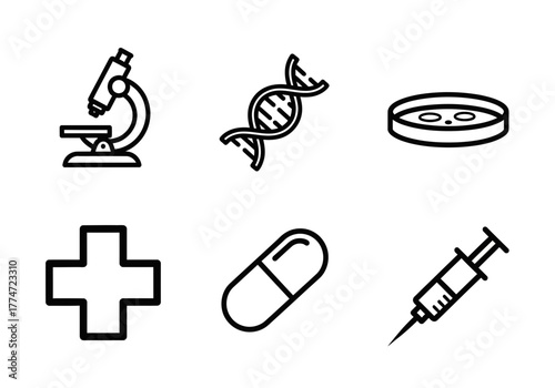 Essential medical icons for science and healthcare projects: microscope, dna, petri dish, plus sign, capsule, and syringe in a modern vector style