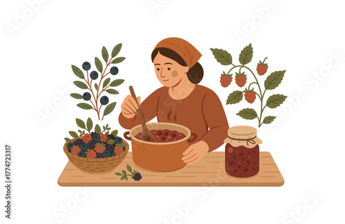 making wild jam from foraged berries slow food and seasonal living flat vector illustration style isolated on white background