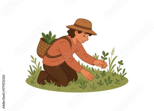 forager wearing woven basket belt exploring meadow for edible greens flat vector illustration style isolated on white background
