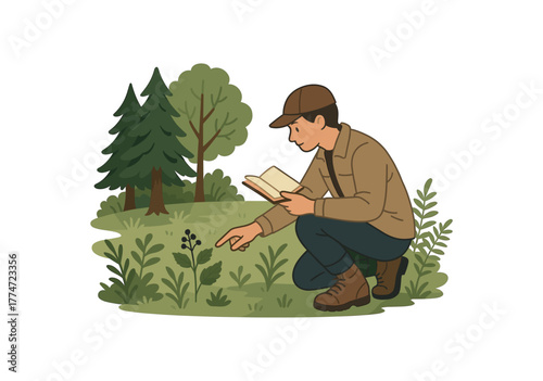 forest edge foraging with pocket guide field identification practice flat vector illustration style isolated on white background