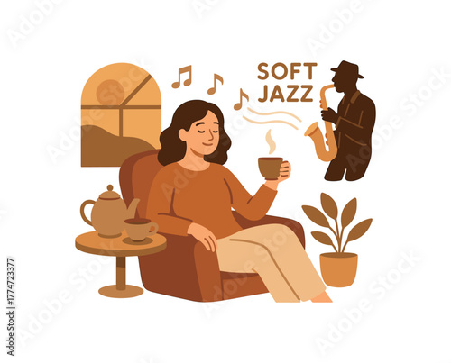 soft jazz playing evening tea relaxation harmony no outline flat vector illustration style isolated on white background warm natural tones