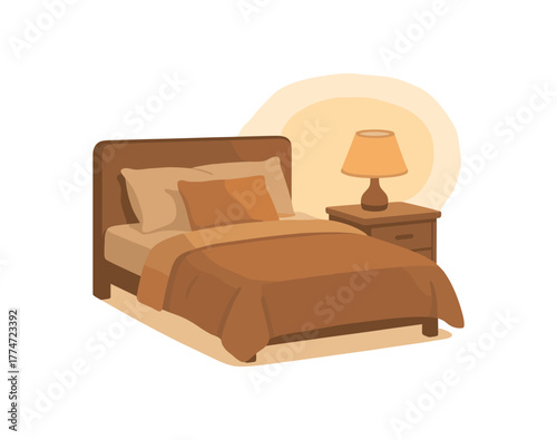 cozy bed with dim light calm slow evening rest scene no outline flat vector illustration style isolated on white background muted warm palette