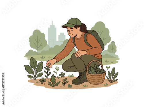 urban foraging city park gathering edible weeds and herbs sustainably flat vector illustration style isolated on white background