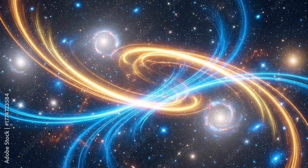 Fototapeta premium Abstract cosmic energy dynamics visualized with vibrant intertwining light trails, depicting quantum forces and the profound interplay of matter in a star-filled universe