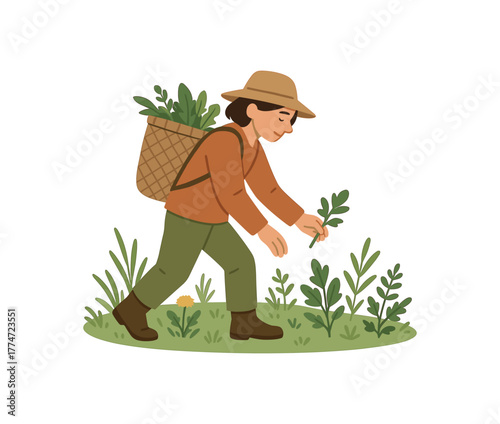 forager carrying field basket through meadow collecting seasonal greens flat vector illustration style isolated on white background