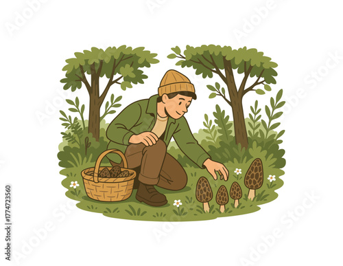 springtime morel hunting deep forest foraging adventure and seasonal tradition flat vector illustration style isolated on white background